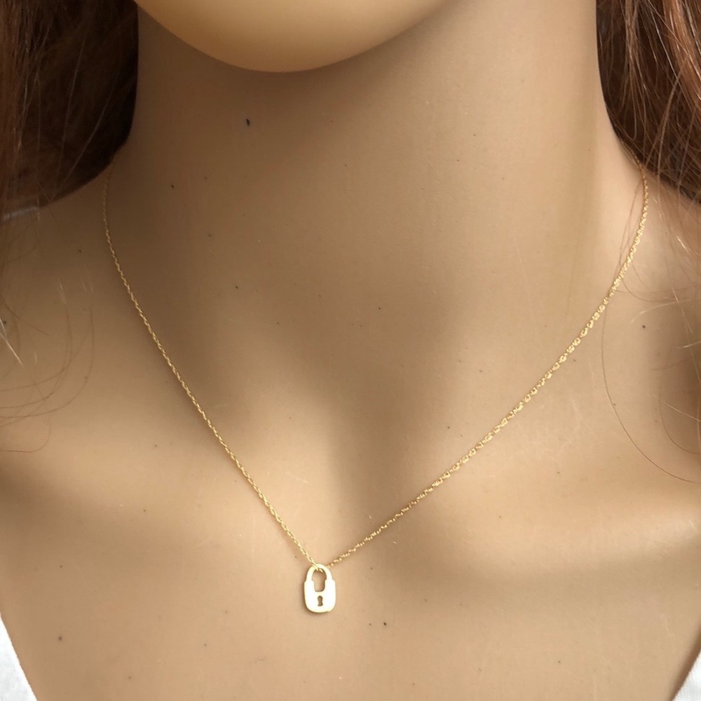 14K Solid Yellow Gold Mini Lock Cut Out Dainty Necklace